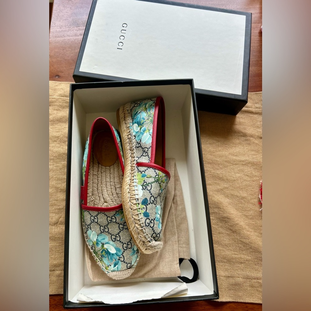 Gucci Blooms Supreme blue floral  Espadrilles red leather trim - Picture 2 of 12